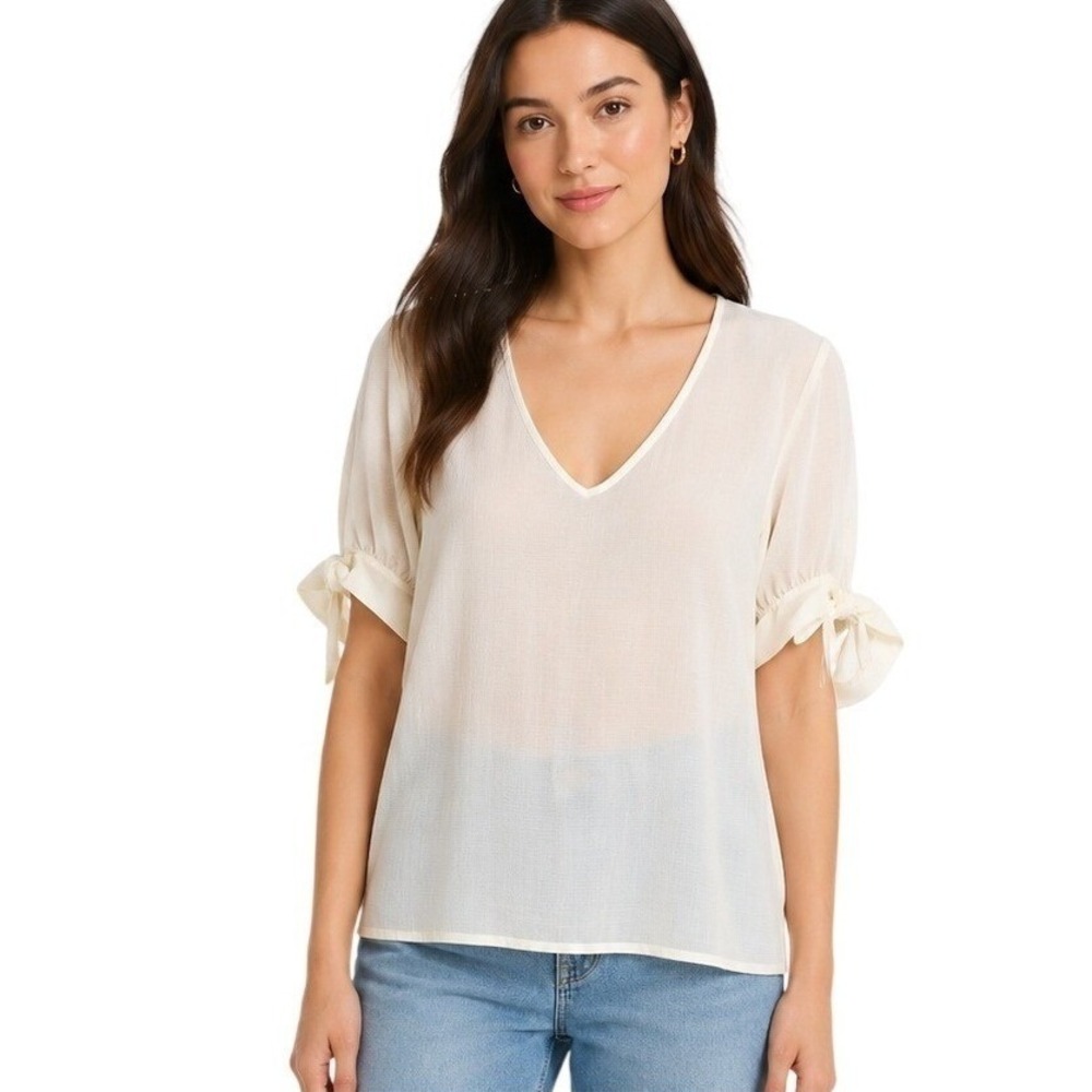 Modcloth Textured Bow Tie Blouse Womens 2X Deep V Short Sleeve Semi Sheer Ivory